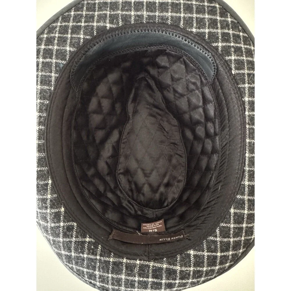 Perry Ellis Fedora Trilby Hat S/M Black Gray Plaid Wool Blend